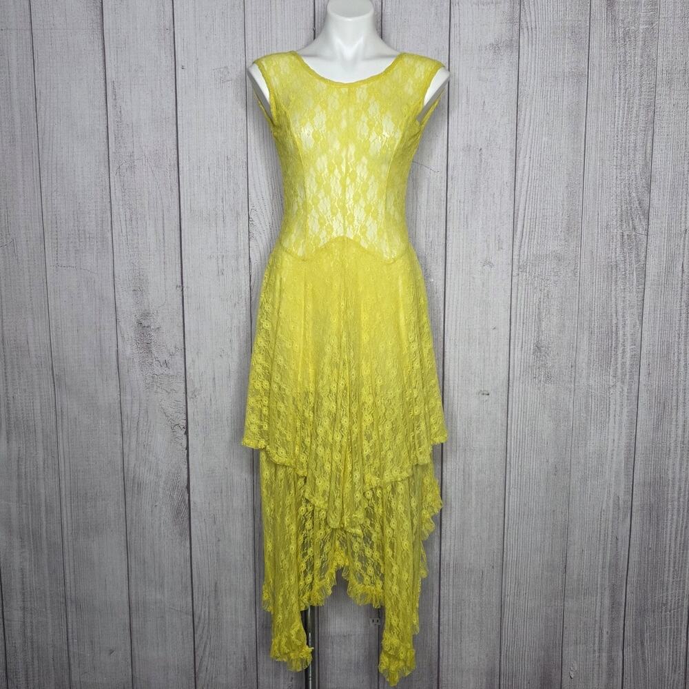 ACEVOG Yellow Lace Dress Sheer Handkerchief Hem Fairy Romantic, Small